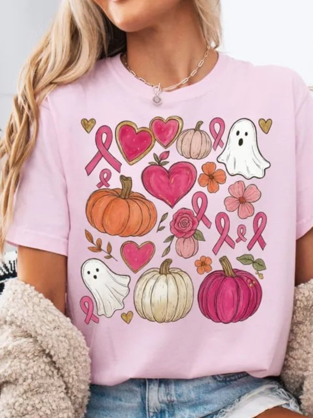 In October We Wear Pink Shirt, Cancer Awareness Tee, Halloween Ghost Shirt - Picture 1 of 4